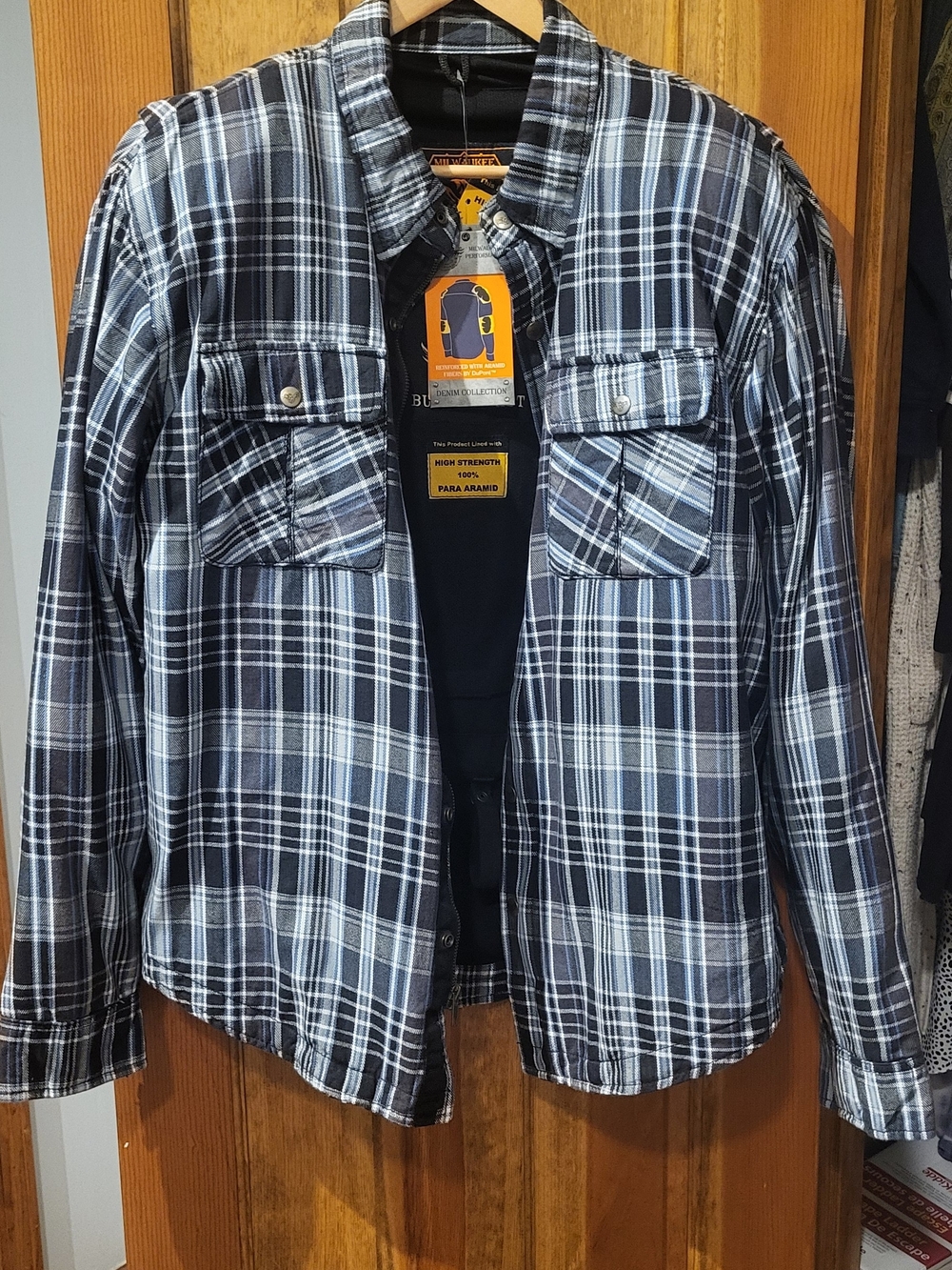 XL Milwaukee Reinforced Blue Plaid Flannel Biker Shirt W/Armor NWT